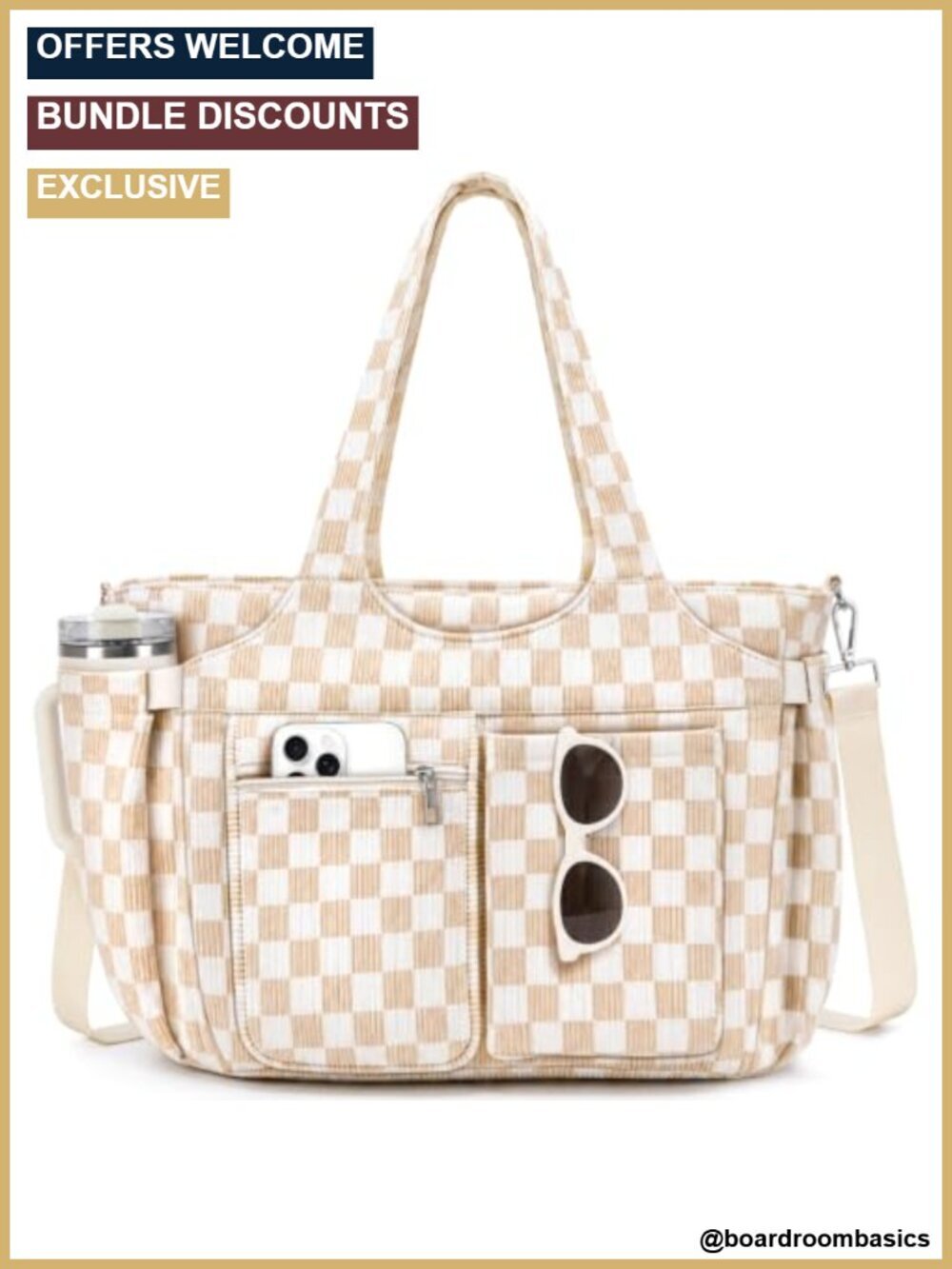 Corduroy Laptop Tote Bag with Cup Holder, Fits 15.6" Laptop, Soft Multi-Pocket